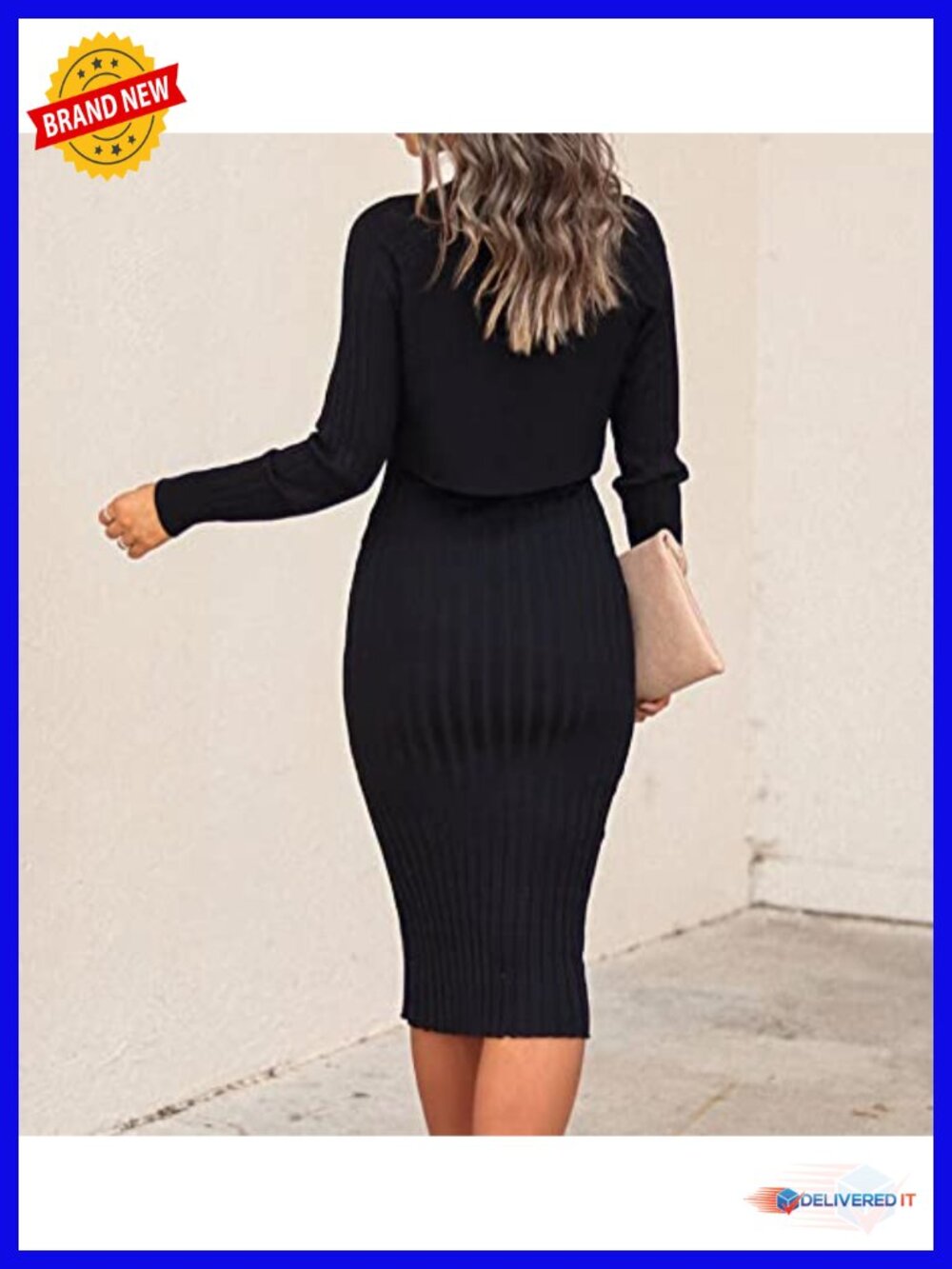 Long Sleeve Sweater Dress Set 2 Piece Crop Top Bodycon Midi Dress - Picture 3 of 6